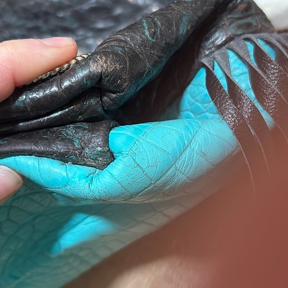 Fringed Black and Teal Croc-Embossed Women's Bag - Picture 9 of 10